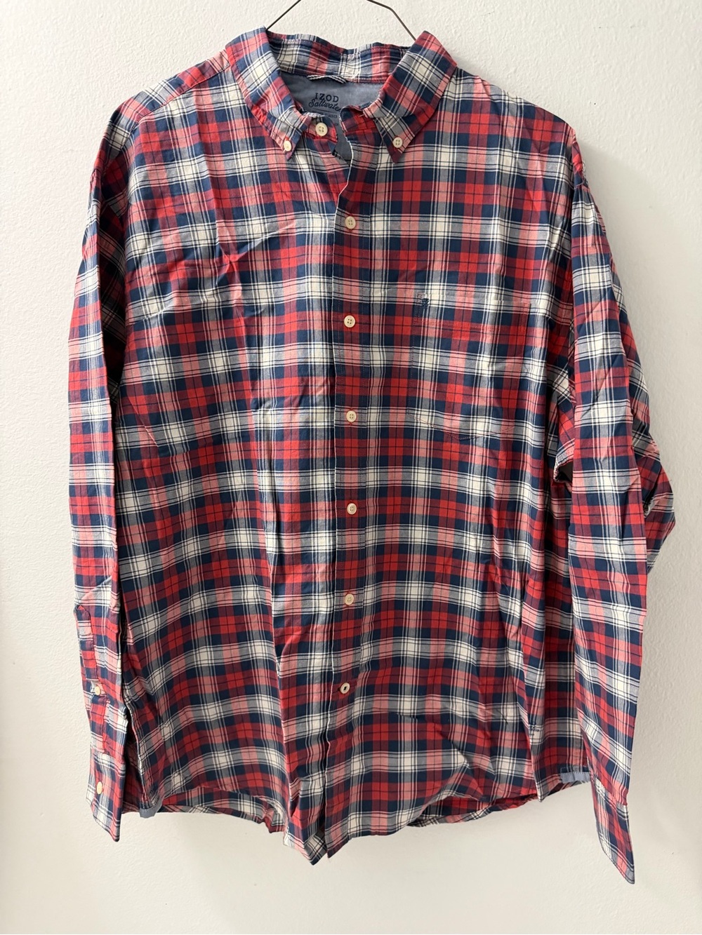 Izod Men's Red and Blue Plaid Button-Up Shirt